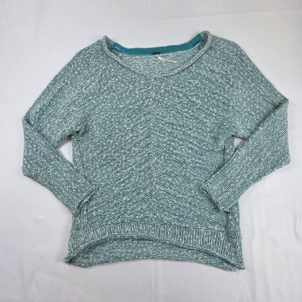 Free People Sweater Womens XS Green Open Knit Scoop Neck High Low Hem Pullover
